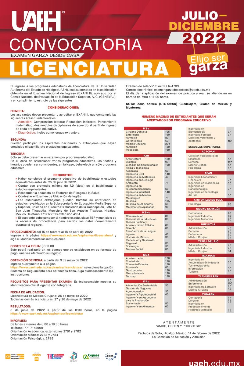 Boletín Abre UAEH convocatoria de admisión al semestre Julio